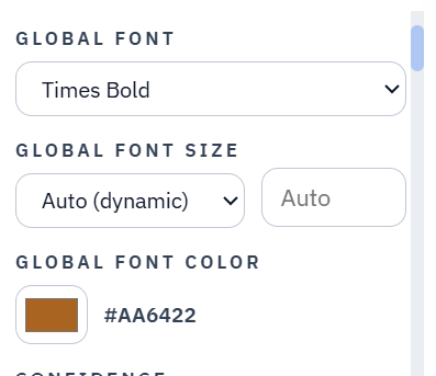 DullyPDF global field appearance controls set to Times Bold, Auto dynamic size, and orange field color.