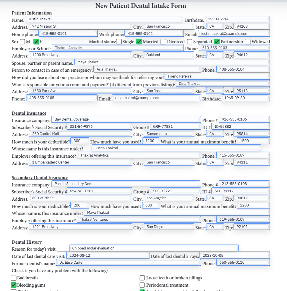 A completed filled PDF preview shown inside DullyPDF after data has been applied.