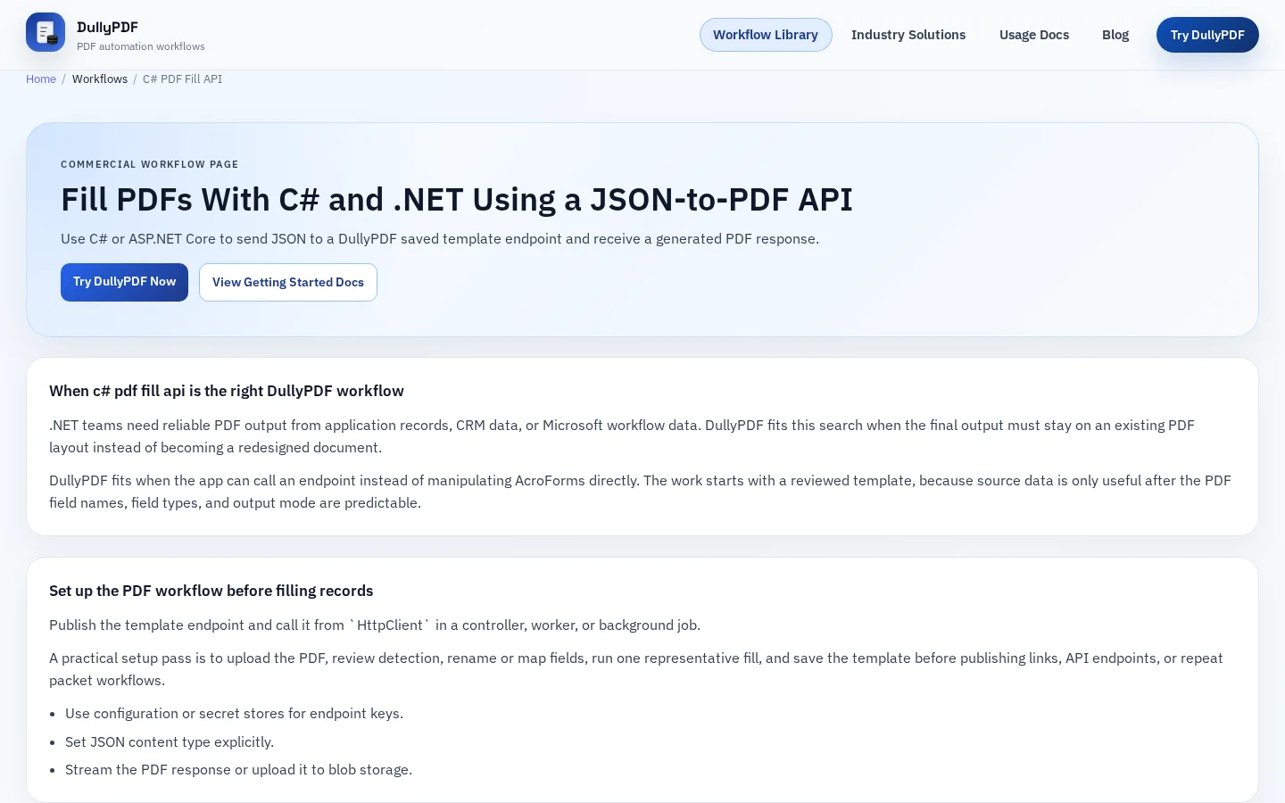 DullyPDF public workflow page screenshot for C# API client.