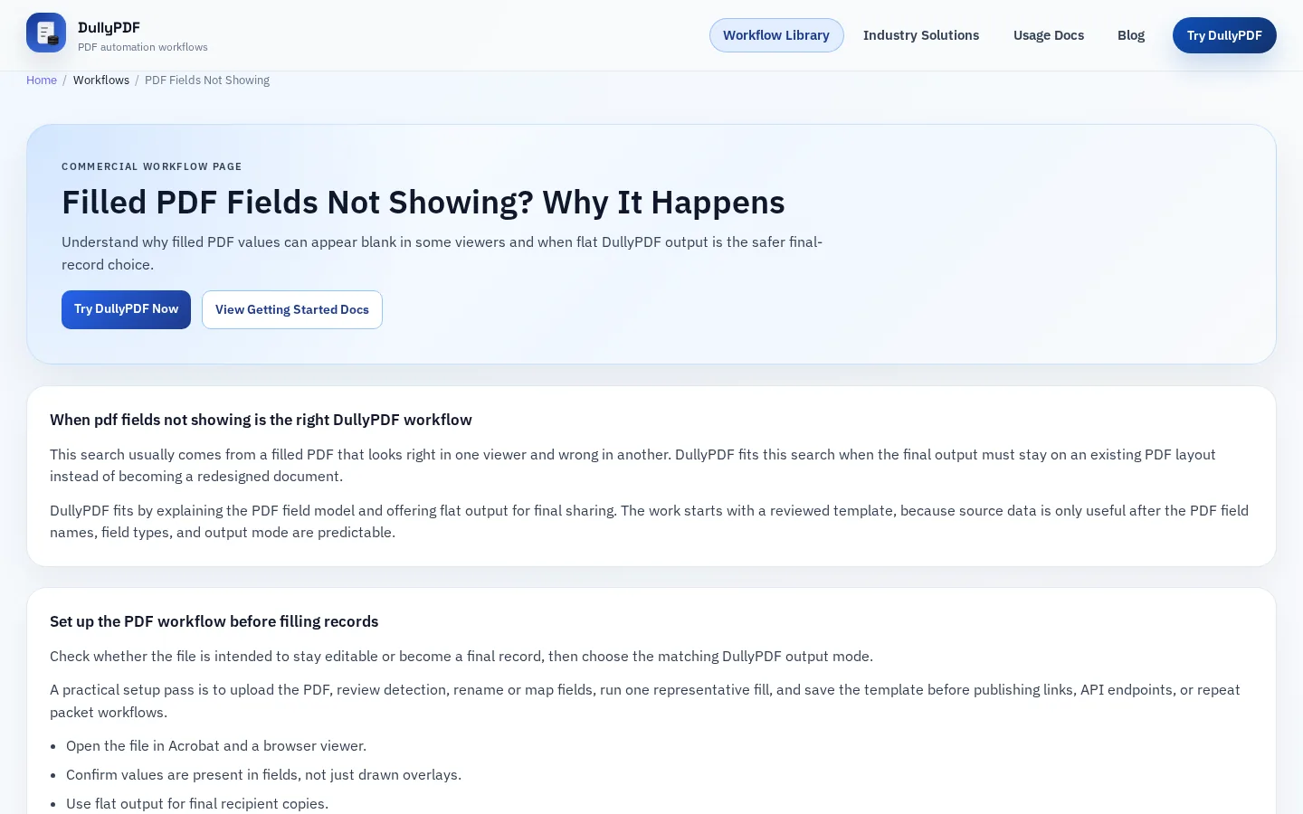 DullyPDF public workflow page screenshot for Viewer troubleshooting.