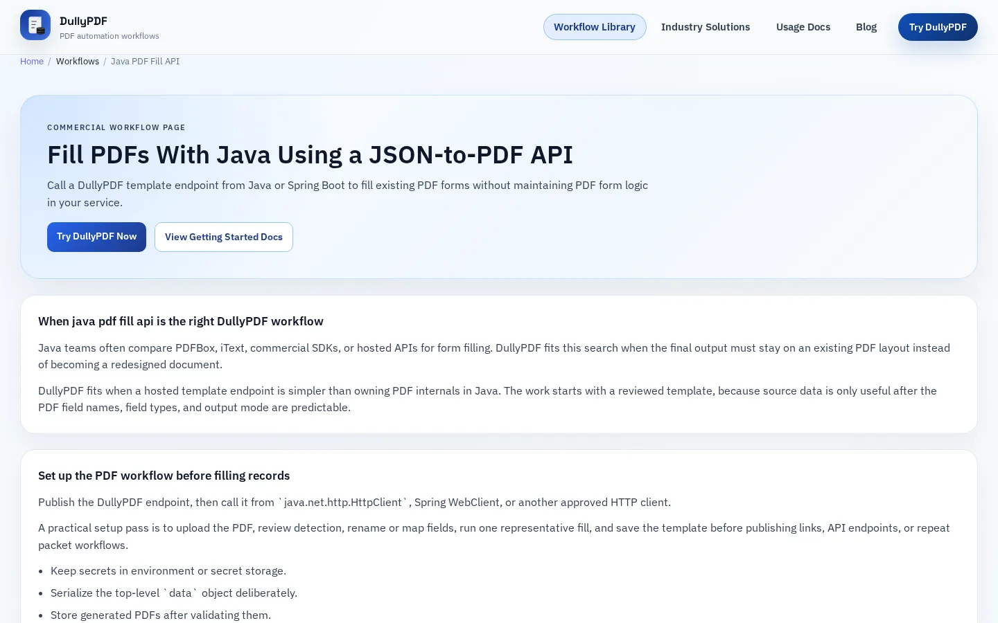 DullyPDF public workflow page screenshot for Java API client.