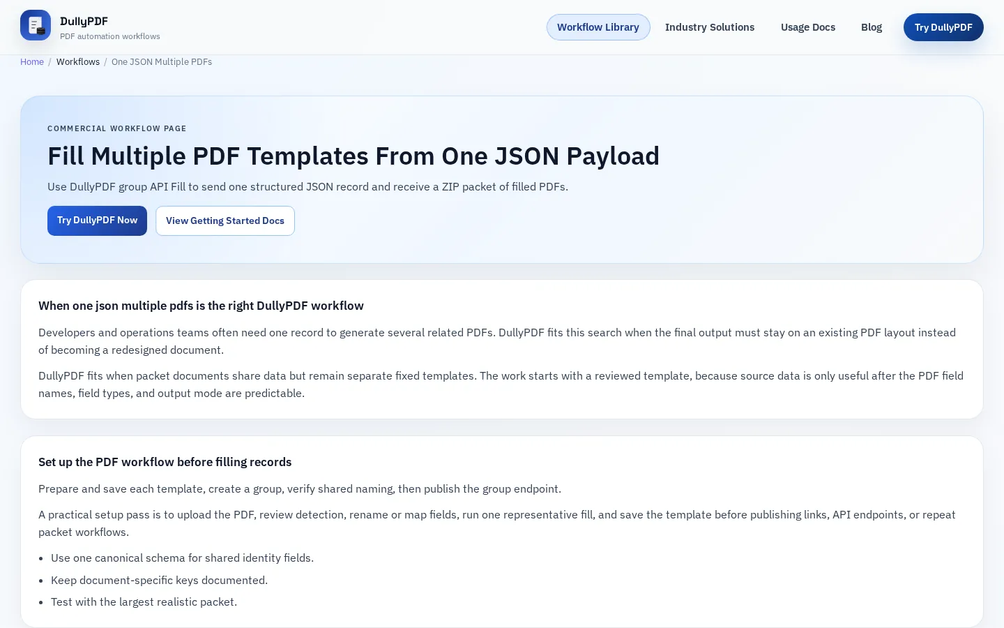 DullyPDF public workflow page screenshot for Multi-PDF API.