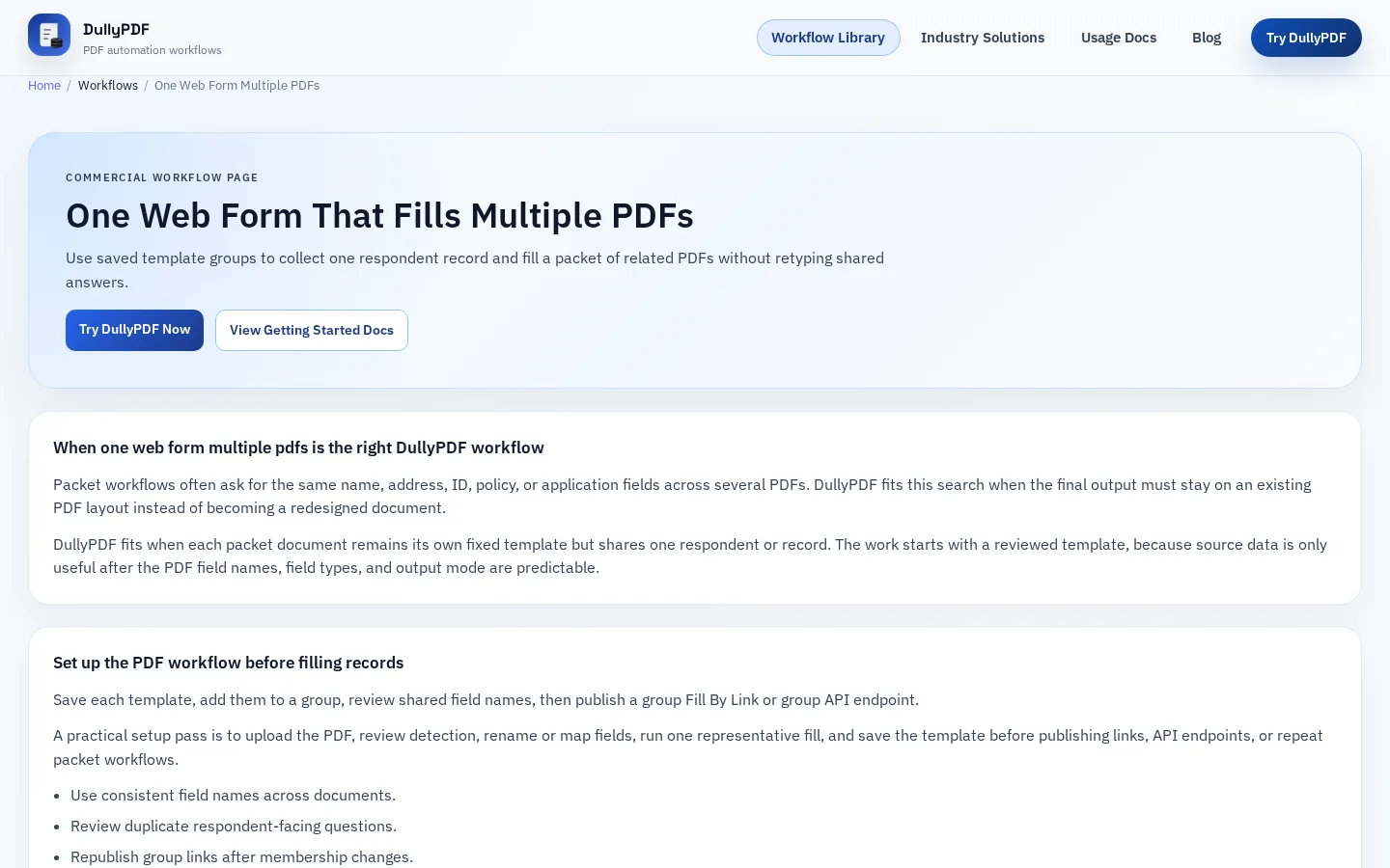 DullyPDF public workflow page screenshot for Multi-PDF web form.