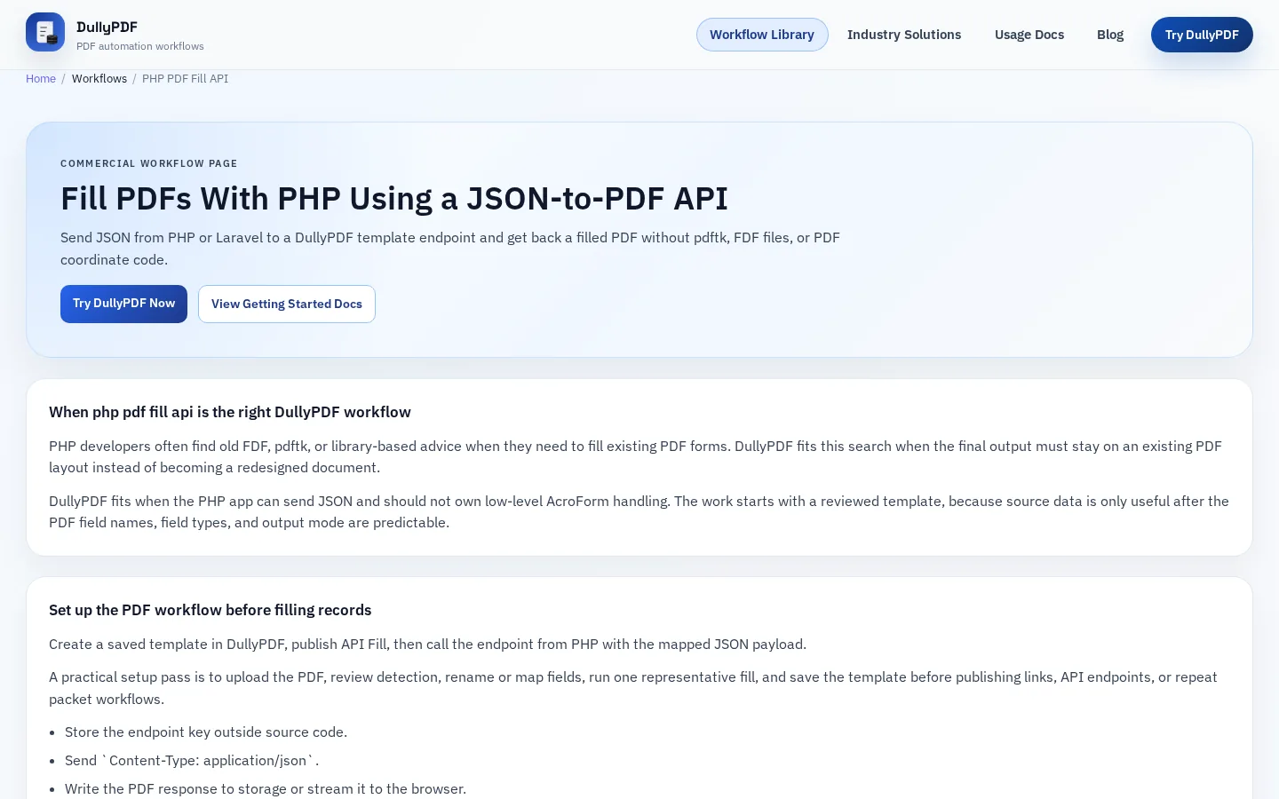 DullyPDF public workflow page screenshot for PHP API client.