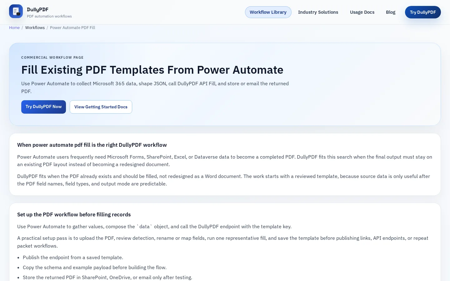 DullyPDF public workflow page screenshot for Power Automate workflow.