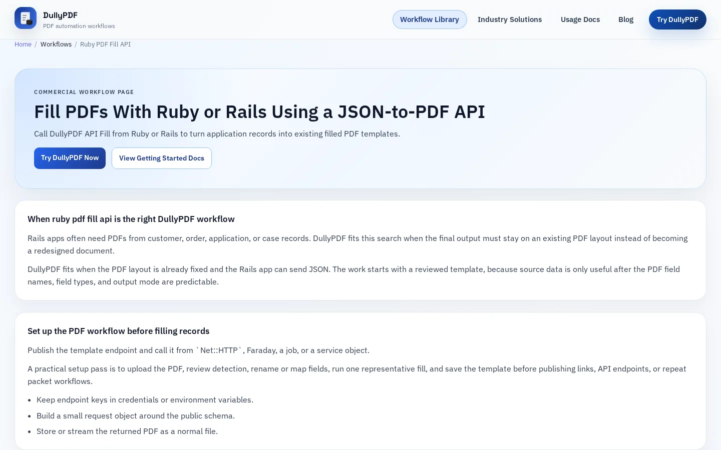 DullyPDF public workflow page screenshot for Ruby API client.