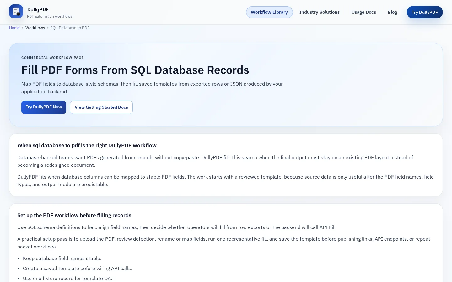 DullyPDF public workflow page screenshot for SQL-backed workflow.